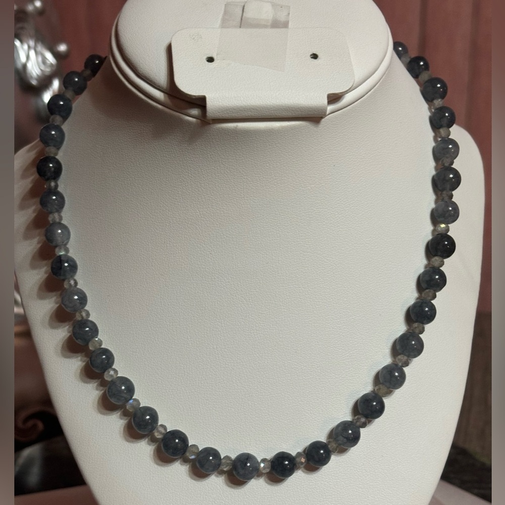 Gray Gemstone agate and labradorite necklace sterling silver clasp 18 inches
